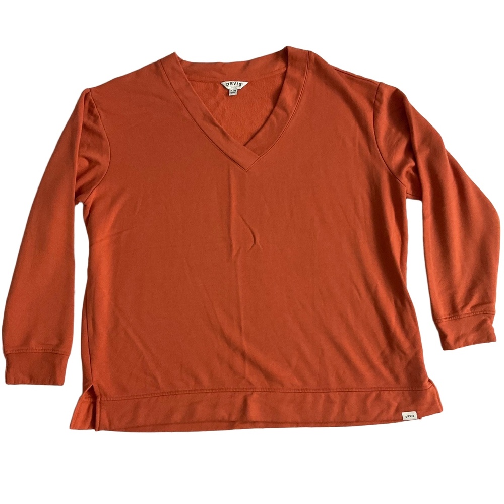 Orvis Orange V-Neck Pullover‎ Sweatshirt 3/4 Sleeves Extra Large